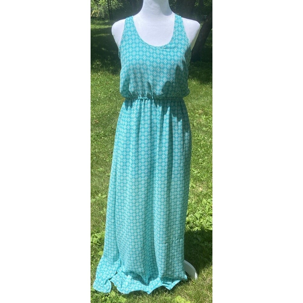 Women’s Alya Sz Medium Maxi Dress Geometric Halter Boho Turquoise Beach Lined